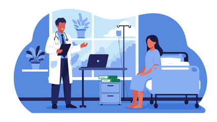 Doctor consultation in a clinic, a patient in a bed, vector illustration