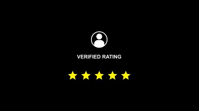 Verified rating five star review with confetti on black background star rating verified badge