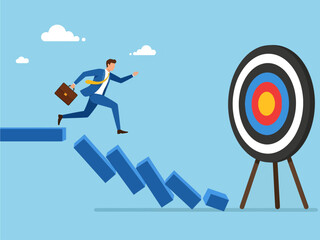 A determined businessman carrying a briefcase leaps from a collapsing path of blue blocks, narrowly escaping failure as he focuses intently on reaching the large target standing firmly ahead