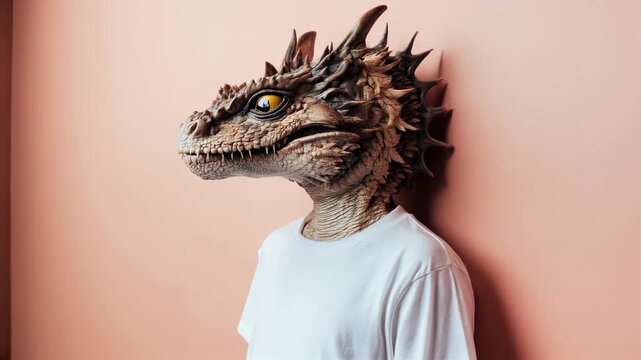 A person is wearing a dragon mask and standing in front of a pink wall
