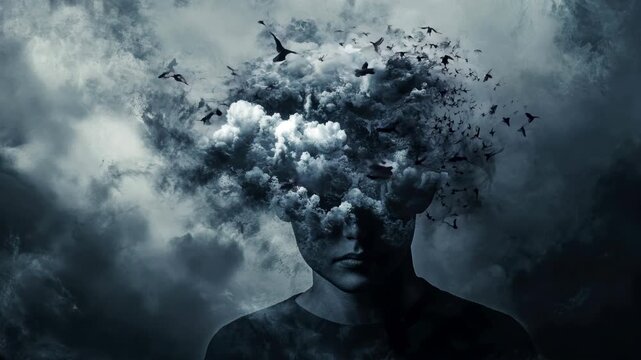 A person's head is obscured by a cloud of smoke, with birds flying around it
