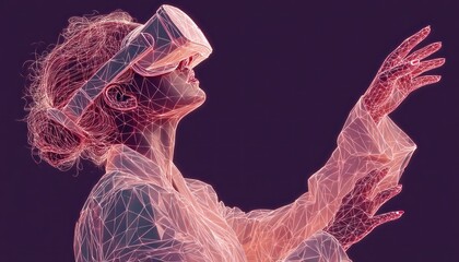 Wireframe woman in VR headset reaching out with glowing pink lines on dark background symbolizing immersive digital experience Generative AI