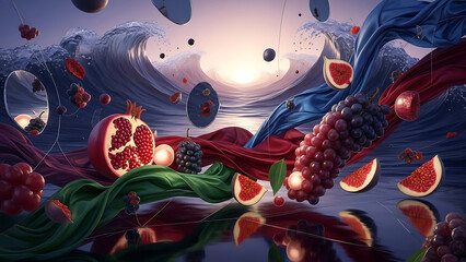 Vibrant fruit explosion in dynamic ocean waves at sunset