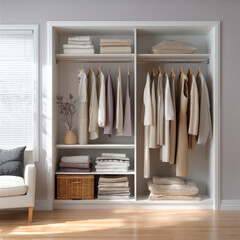 Minimalist closet with neutral clothing, wooden hangers, folded towels, woven basket, and soft sunlight creating calm atmosphere