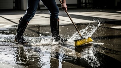 Person in rubber boots sweeping a large puddle with a yellow broom, creating a dynamic water splash