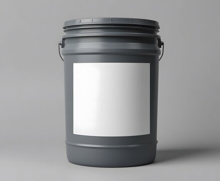 Dark gray plastic bucket with blank white label for product branding mockup. 5 gallon pail