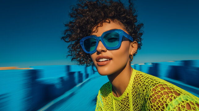 Stylish portrait of woman wearing blue sunglasses on dynamic background with motion blur and vibrant fashion

