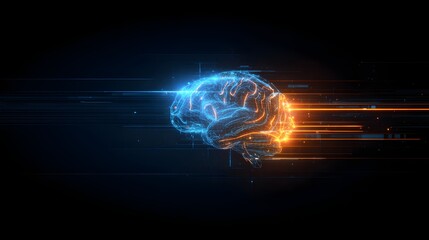 Futuristic Glowing Brain with Digital Grid. Artificial Intelligence and Neural Network Concept. Digital brain made of glowing nodes and lines, neural networks and AI.