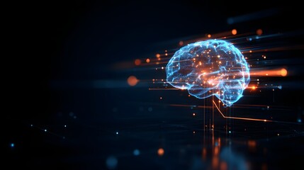 Futuristic Glowing Brain with Digital Grid. Artificial Intelligence and Neural Network Concept. Digital brain made of glowing nodes and lines, neural networks and AI.