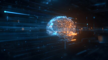 Futuristic Glowing Brain with Digital Grid. Artificial Intelligence and Neural Network Concept. Digital brain made of glowing nodes and lines, neural networks and AI.