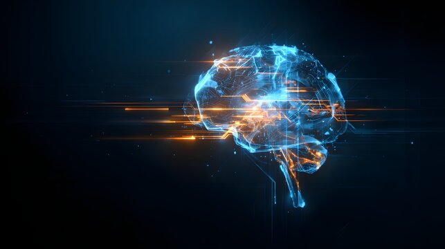 Futuristic Glowing Brain with Digital Grid. Artificial Intelligence and Neural Network Concept. Digital brain made of glowing nodes and lines, neural networks and AI. - Powered by Adobe