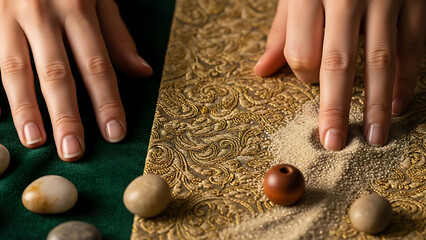 Hands arranging stones on fabric with zen garden pattern