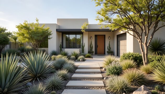 Contemporary desert home entrance with arid landscaping and a inviting stepping stone pathway. arizona front yard