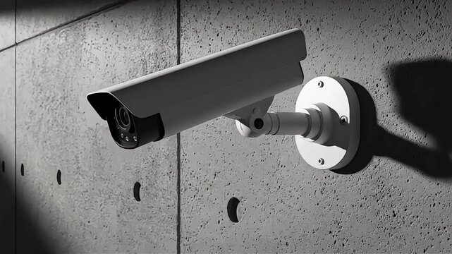 Modern white security camera mounted on a grey concrete wall scanning the area for safety and protection outside.