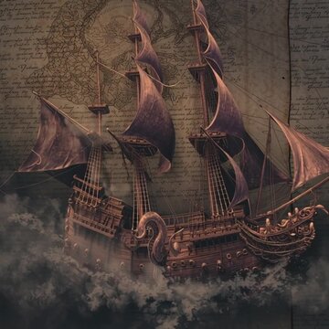 Ancient pirate ships sailing through misty waters with vintage map background