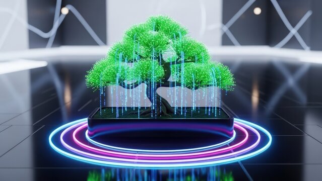 A futuristic digital bonsai tree with data streams falling from its leaves, on a neon-lit circular platform - Powered by Adobe