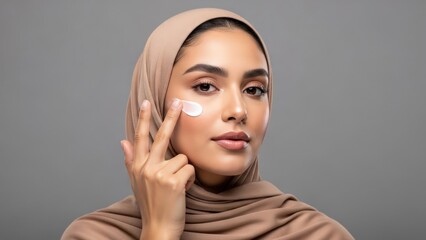 Beautiful woman in beige hijab gently applies white facial cream to her cheek, demonstrating daily skincare