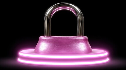 Metallic padlock on illuminated podium against black background