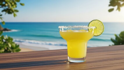 Refreshing yellow drink with lime slice and salt rim on a table, sunny tropical beach vista background