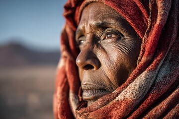 African woman with a vibrant red and white headscarf gazes thoughtfully into the distance, showcasing her wisdom and resilience against a blurred natural landscape backdrop
