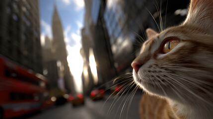 Cat eye city street ginger cat urban closeup feline face sunshine reflection fur downtown traffic blur curious pet gaze warm light whisker detail