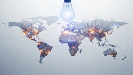 Light bulb over world map, overlayed with illuminated cityscapes and glowing global connections