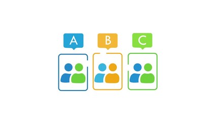 Audience Segmentation And User Groups Icon Flat Design Animation  isolated on white background. 
Categorized User Groups Labeled A B C , Customer Profiling, And Targeted Marketing Strategies.