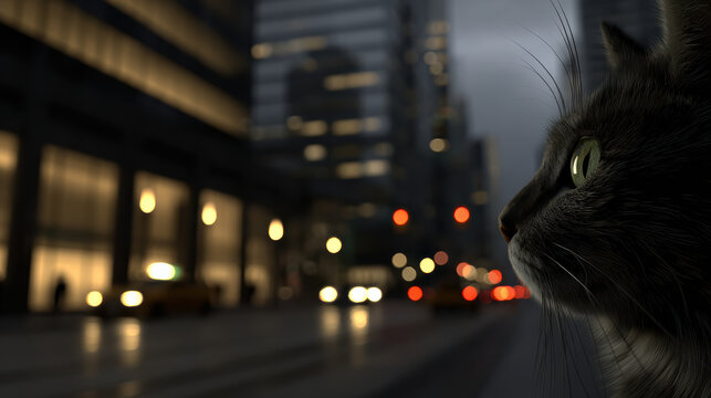 Cat eye closeup urban night city street lights bokeh mood contemplative feline portrait cat eye closeup urban night city street - Powered by Adobe