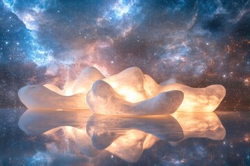 Unique organic sculptures illuminated in a cosmic setting with vibrant starry background