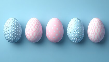 Vibrant Pastel Colored Easter Eggs Decorated with Simple Patterns on a Blue Tabletop, Top View