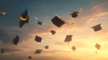 graduation caps tossing in sunset sky, symbolic achievement and success concept, flying mortarboards against golden hour clouds