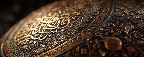 Intricate golden calligraphy on a beautifully crafted surface, showcasing detailed patterns and textures, highlighting the artistry and cultural significance of traditional craftsmanship