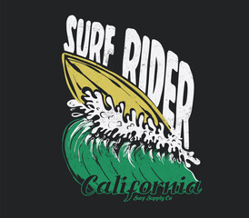 Surf Rider in California Typography Slogan. Surf Waves graphics artwork. summer Surfing Tee T-shirt Design. Hand drawing vintage surfboard graphic. graphic tee print design