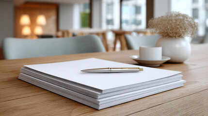 Stack of paper documents and silver pen on wooden table in modern office with soft natural light, calm and organized workspace