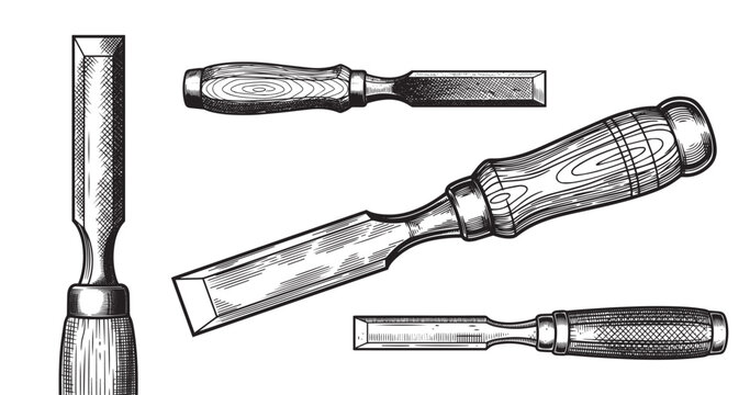 Wood chisel engraving illustration for artisan workshop branding