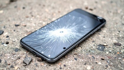shattered smartphone screen lying on rough concrete pavement