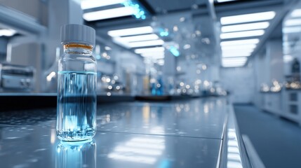 Pristine Laboratory Setting with Sample Tube and Blue Liquid in a Modern Research Environment