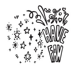 Vector festive simple line art sparks and confetti, doodle salute, sparkles, confetti, vector party clip art, lettering, have fun