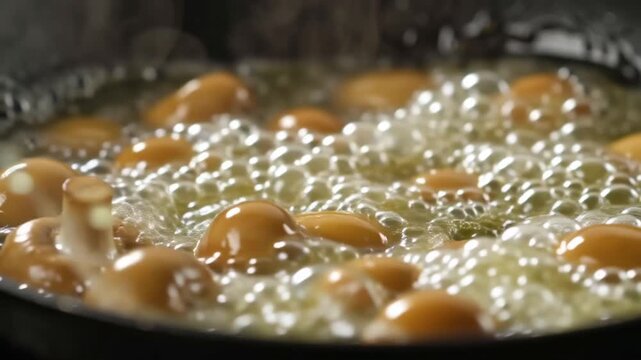 Macro slow-motion golden button mushrooms frying butter, abstract golden oil splashes, cinematic lighting dreamy shallow depth of field, artistic food motion, top-down pan shot, 4K HD footage gourmet