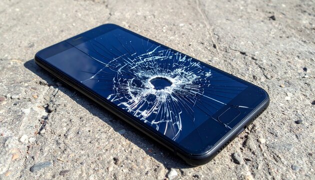 shattered smartphone screen with spiderweb cracks lying on rough concrete
