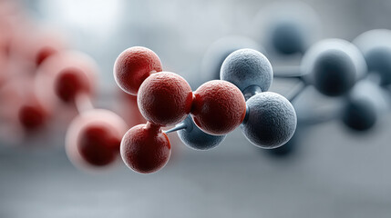 Molecule structure with red and blue spheres scientific background close up chemistry molecular model 3D render abstract research