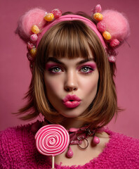 Una modella con i capelli lisci indossa il rosa e ha la testa decorata nello stile di graziose decorazioni di caramelle, su uno sfondo rosa