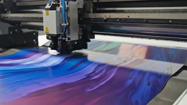 Large format printer producing vibrant abstract design on flexible material in a factory.