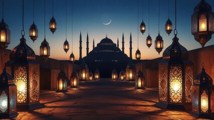 Silhouette of grand mosque at twilight with hanging ramadan lanterns in foreground and crescent moon in sky creating peaceful islamic celebration atmosphere for eid mubarak and holy month greeting