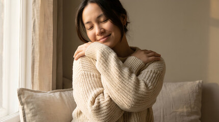 Self care design warm light young woman hugging self cozy sweater mental wellness calm morning bedroom soft focus