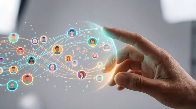 Network connection design digital data flow human profile hand touch hologram modern communication concept - Powered by Adobe