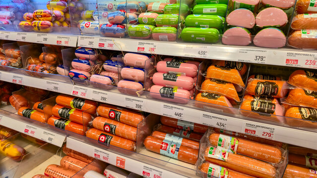 Sausages meat display. High quality photo
