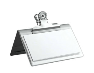 Silver clip holding blank white paper on a white board