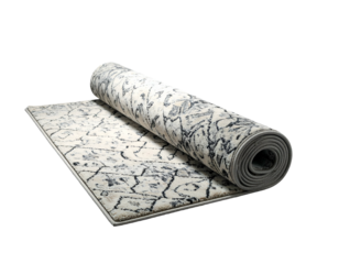 Rolled rug with ornate geometric pattern on light background