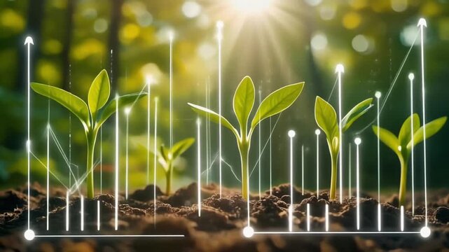 Green economy concept with seedlings and glowing digital data visualization representing ESG success